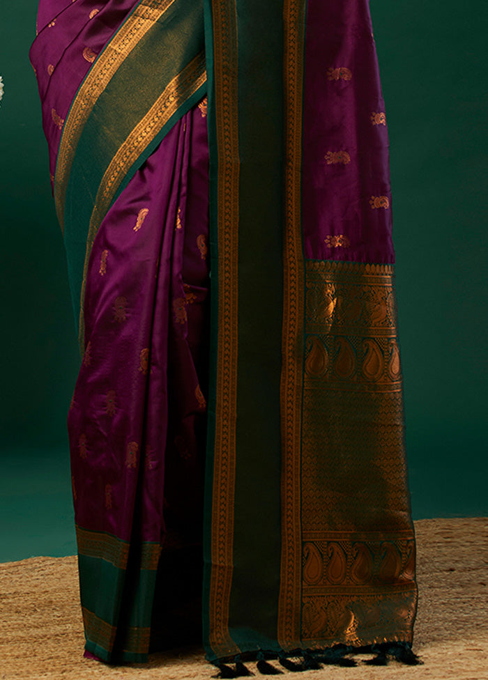 Wine Banarasi Silk Saree With Blouse Piece