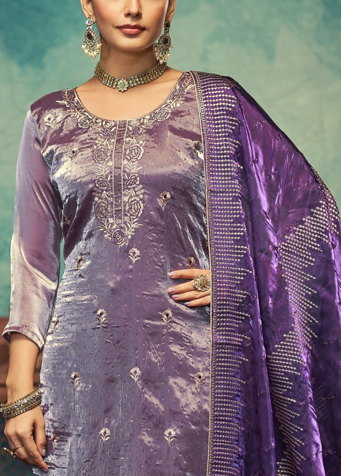 3 Pc Purple Semi Stitched Silk Dupatta Suit Set