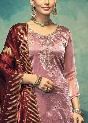 3 Pc Pink Semi Stitched Silk Dupatta Suit Set