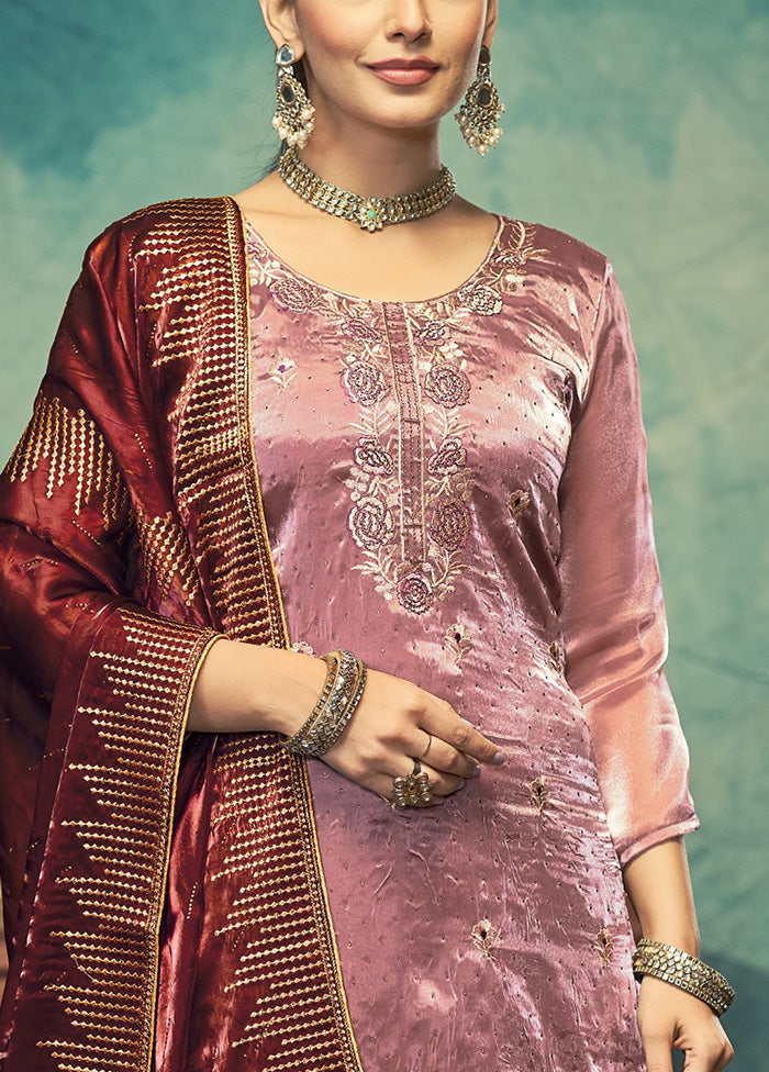 3 Pc Pink Semi Stitched Silk Dupatta Suit Set