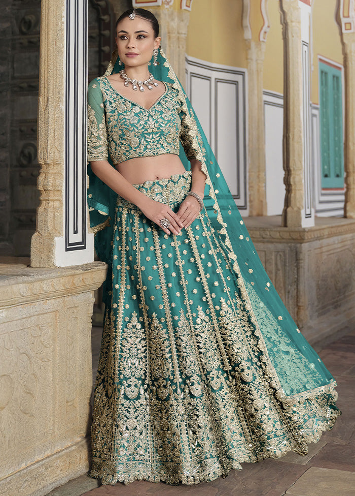 3 Pc Sea Green Net Semi Stitched Lehenga Set