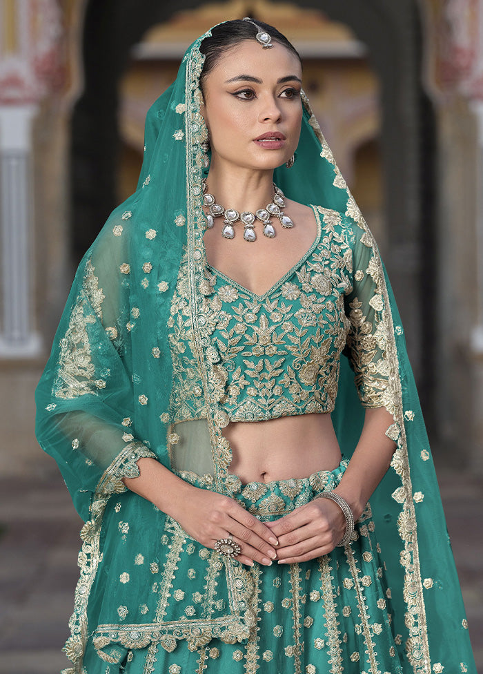 3 Pc Sea Green Net Semi Stitched Lehenga Set