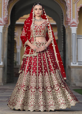 3 Pc Red Net Semi Stitched Lehenga Set