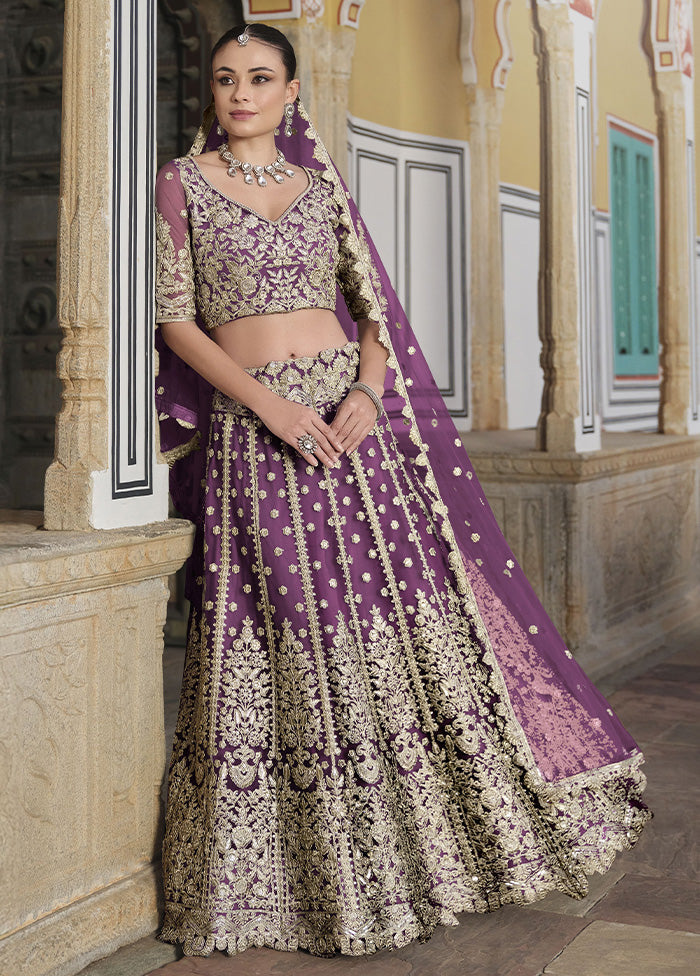 3 Pc Purple Net Semi Stitched Lehenga Set