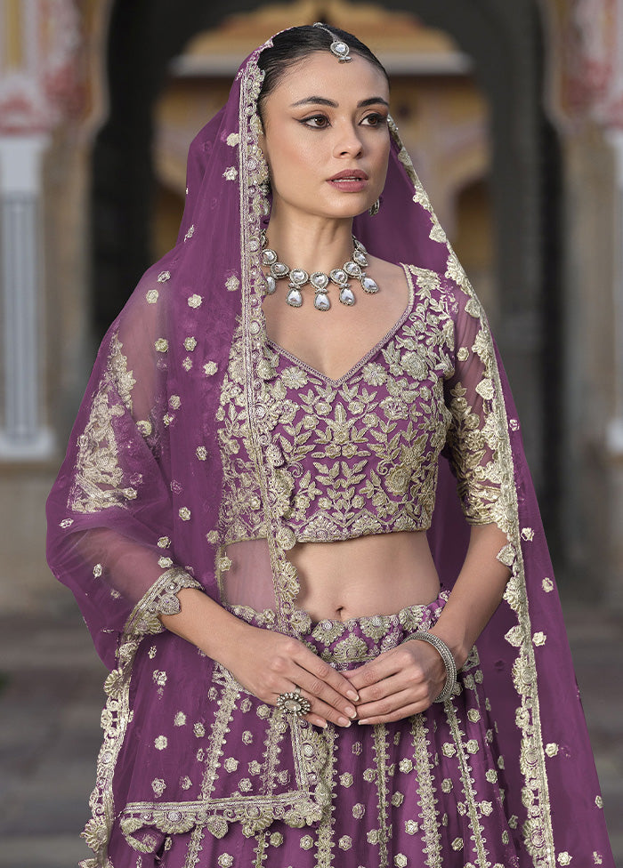 3 Pc Purple Net Semi Stitched Lehenga Set