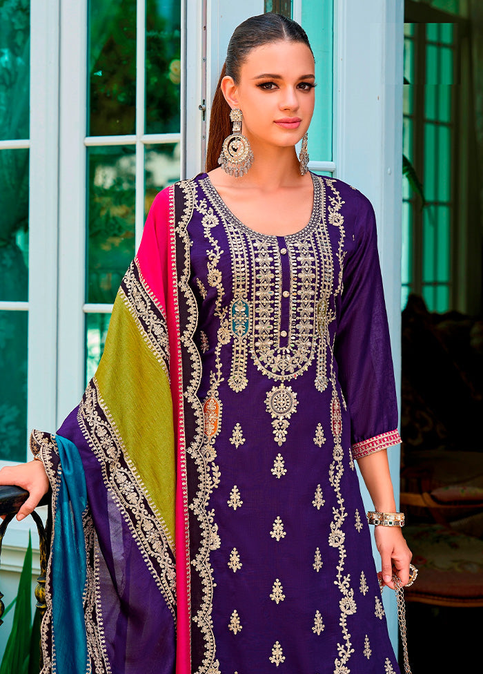 3 Pc Purple Semi Stitched Silk Suit Set