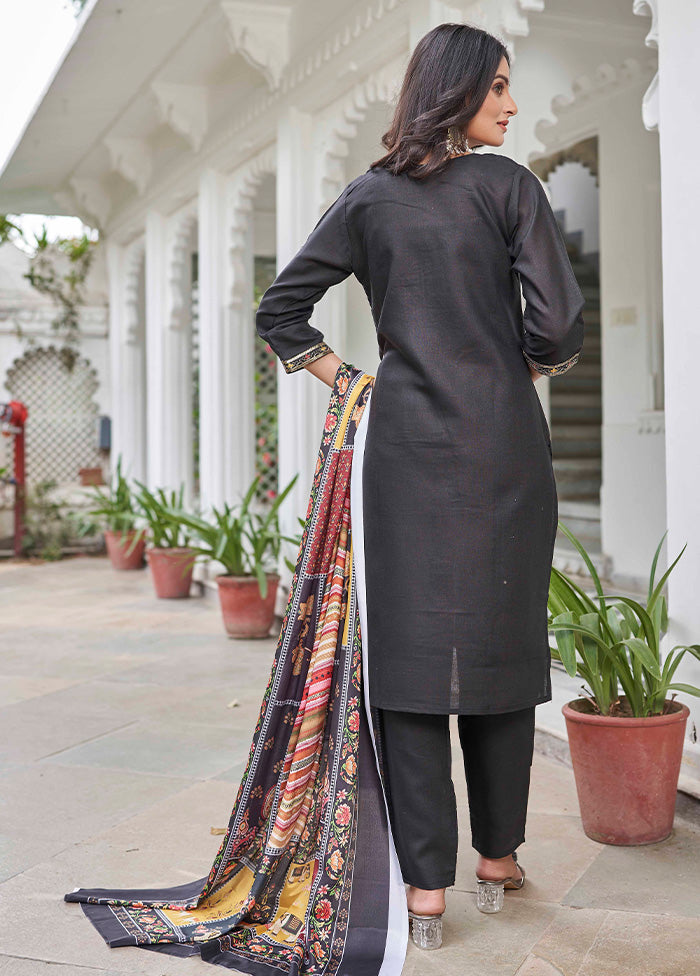 3 Pc Black Readymade Cotton Dupatta Suit Set