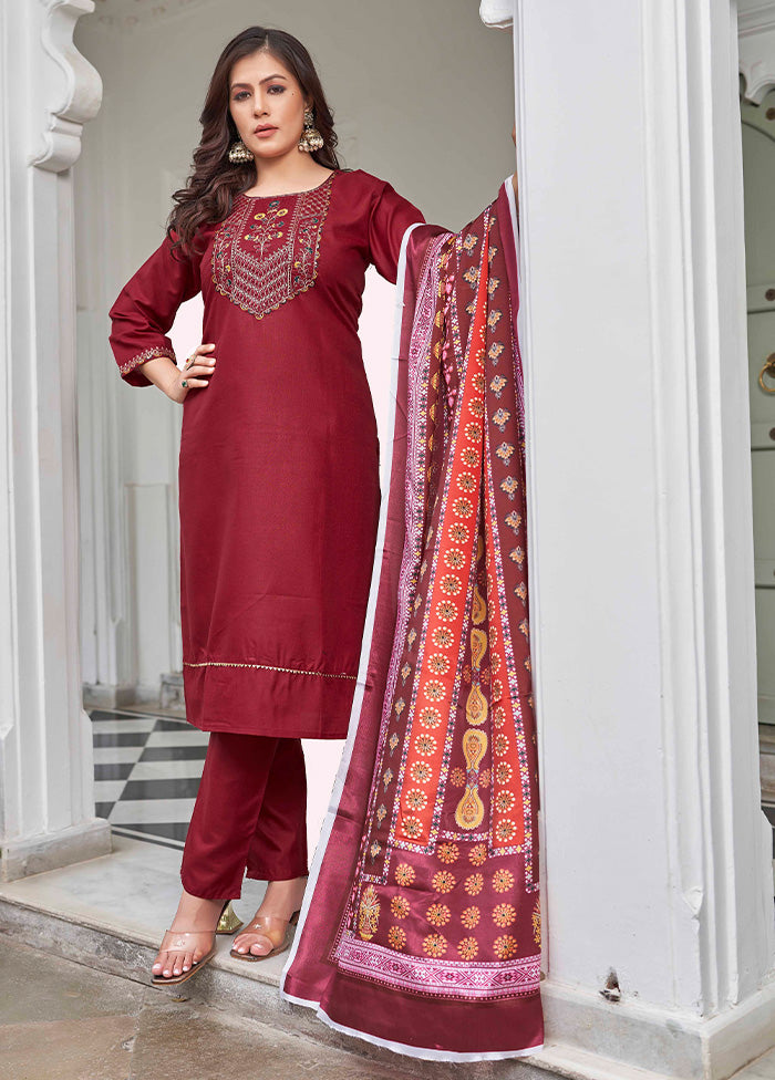 3 Pc Maroon Readymade Cotton Dupatta Suit Set