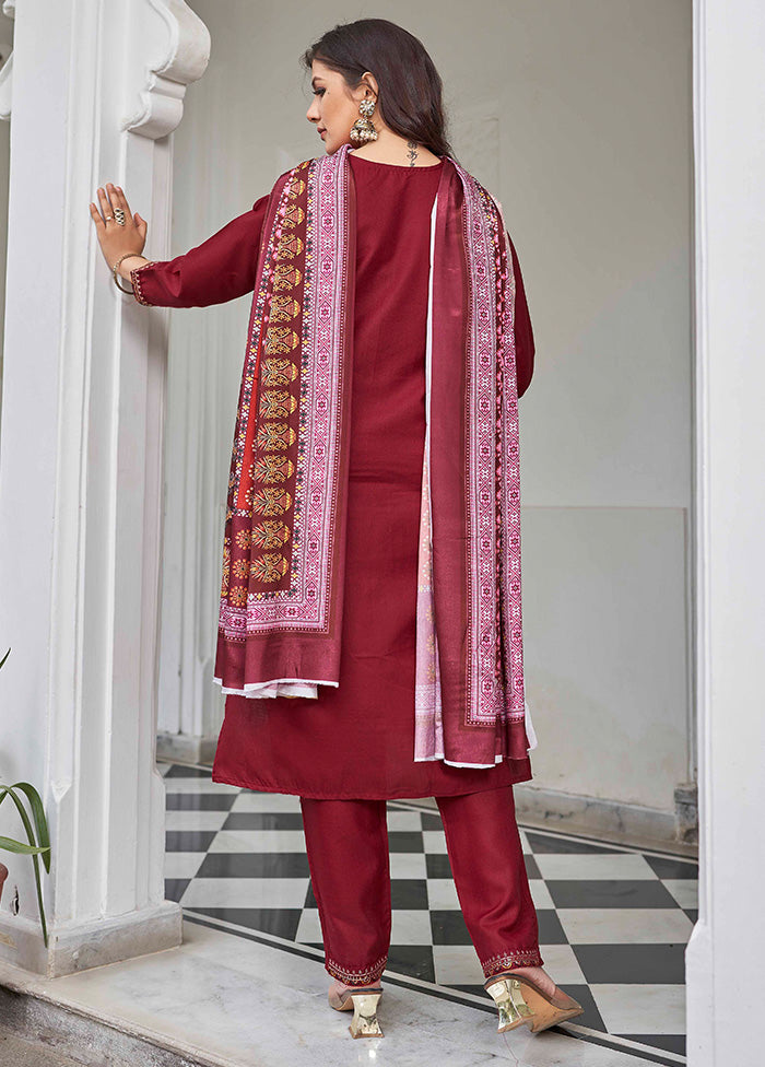 3 Pc Maroon Readymade Cotton Dupatta Suit Set