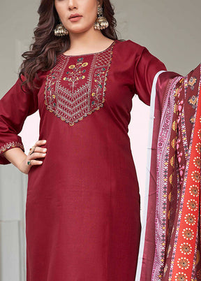 3 Pc Maroon Readymade Cotton Dupatta Suit Set