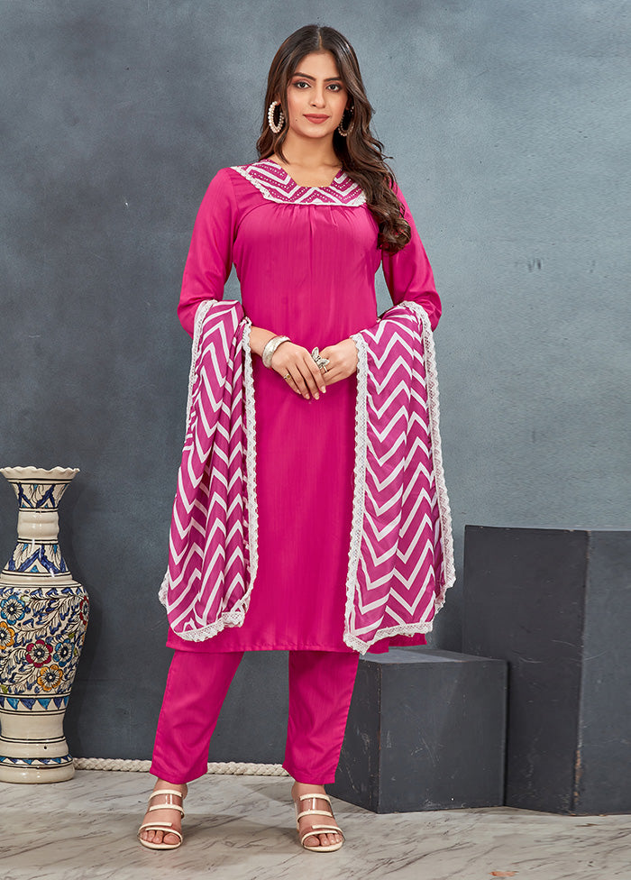 3 Pc Pink Readymade Rayon Dupatta Suit Set