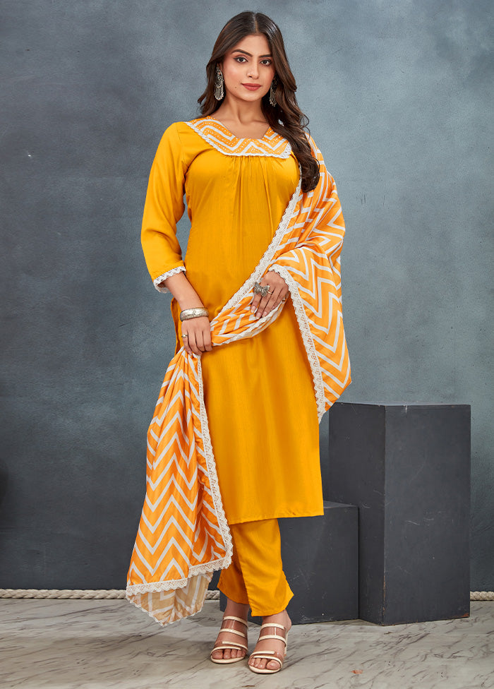 3 Pc Yellow Readymade Rayon Dupatta Suit Set