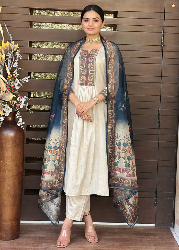 3 Pc Off White Readymade Silk Dupatta Suit Set