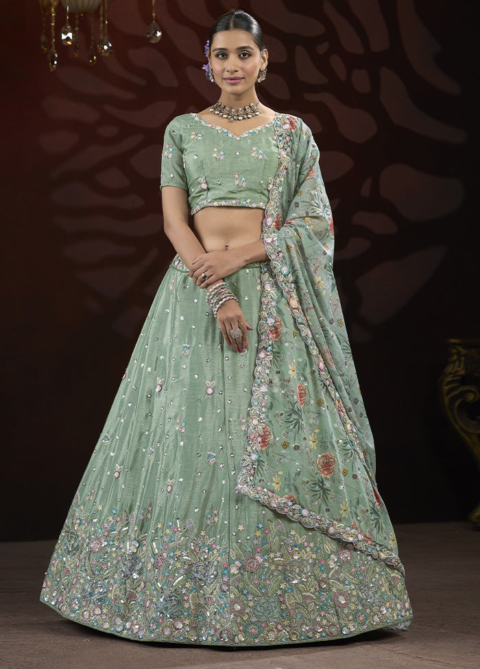 3 Pc Pista Green Silk Semi Stitched Lehenga Set