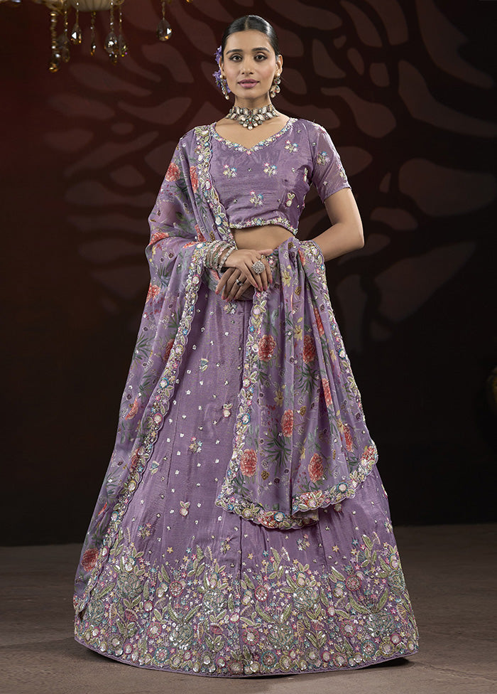 3 Pc Purple Silk Semi Stitched Lehenga Set