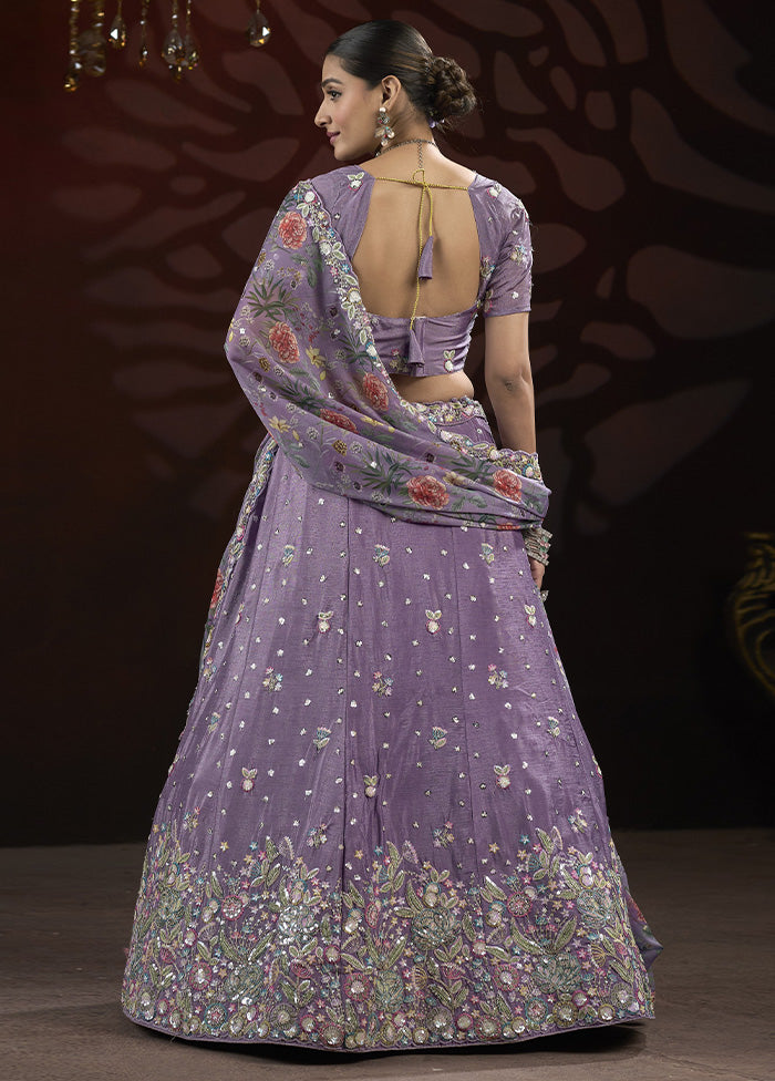 3 Pc Purple Silk Semi Stitched Lehenga Set