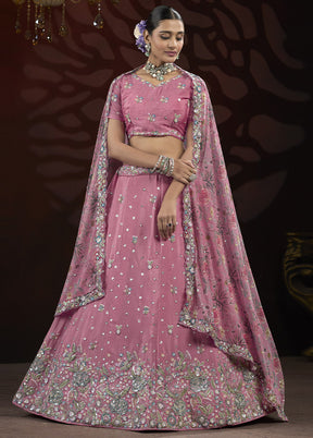 3 Pc Pink Silk Semi Stitched Lehenga Set