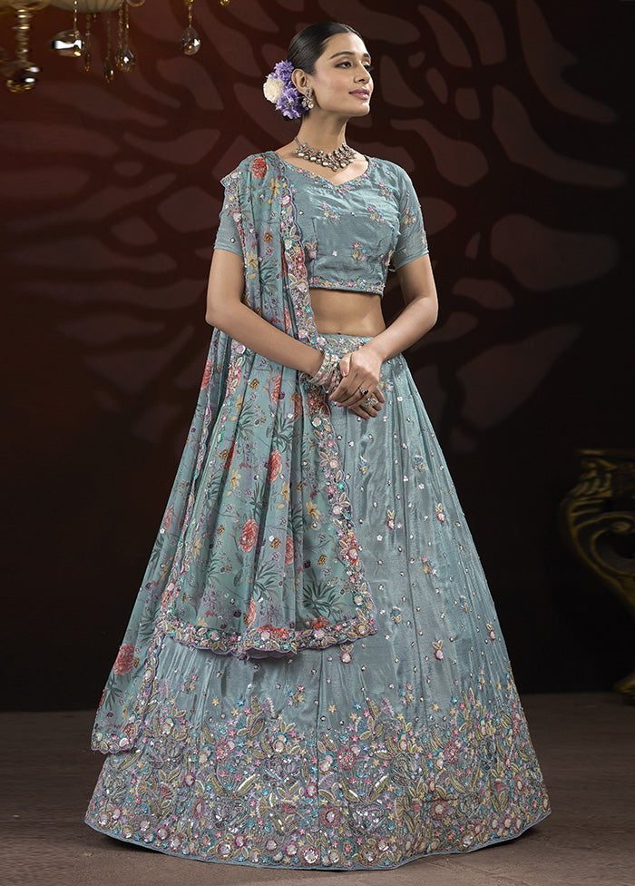 3 Pc Grey Silk Semi Stitched Lehenga Set