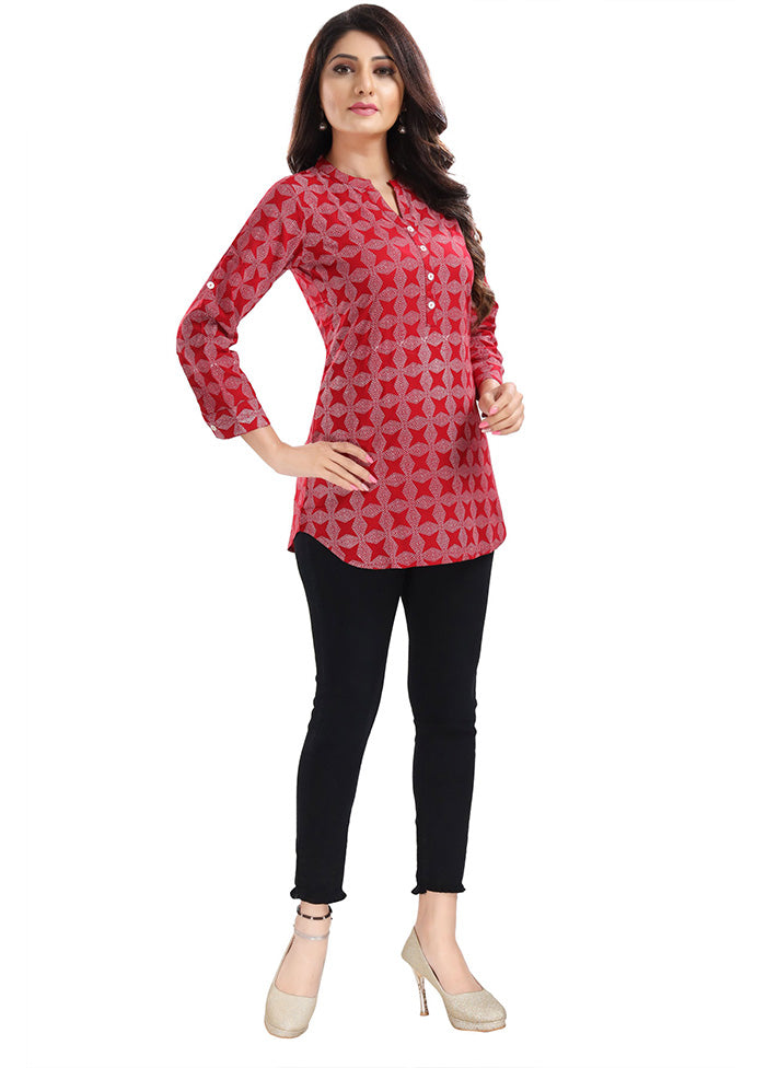 Red Readymade Rayon Short Kurti