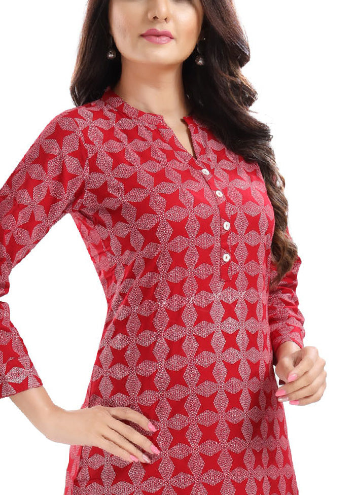 Red Readymade Rayon Short Kurti