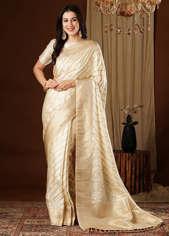 Cream Satin Silk Saree With Blouse Piece