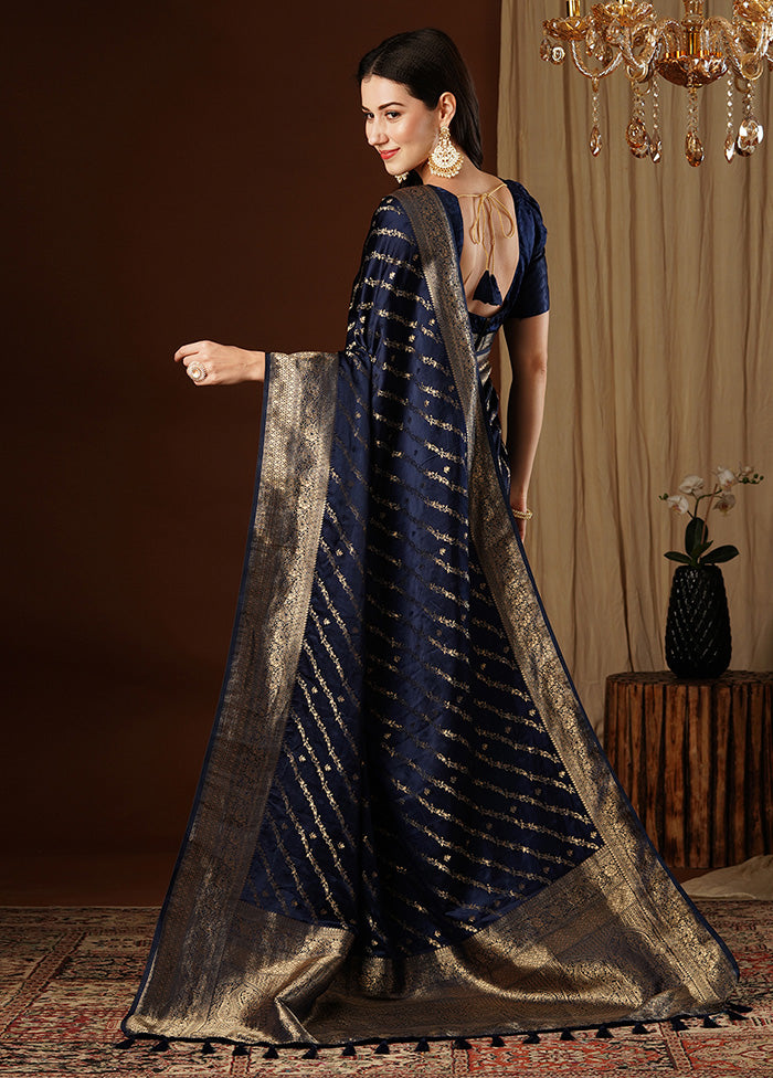 Navy Blue Satin Silk Saree With Blouse Piece