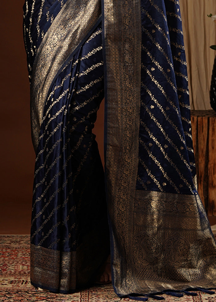 Navy Blue Satin Silk Saree With Blouse Piece