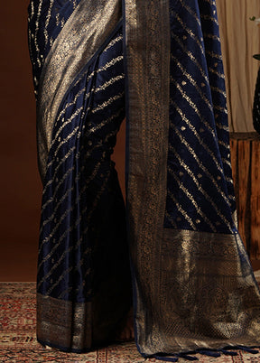 Navy Blue Satin Silk Saree With Blouse Piece