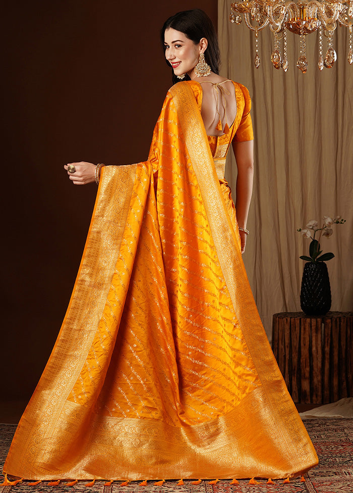 Yellow Satin Silk Saree With Blouse Piece