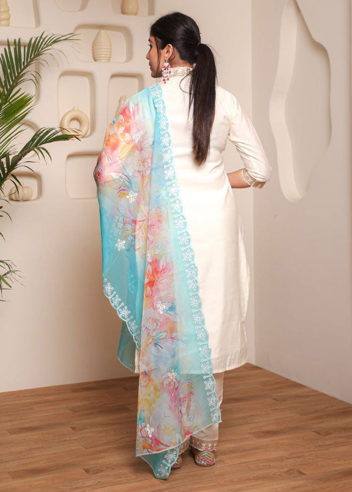 3 Pc Off White Readymade Chanderi Dupatta Suit Set