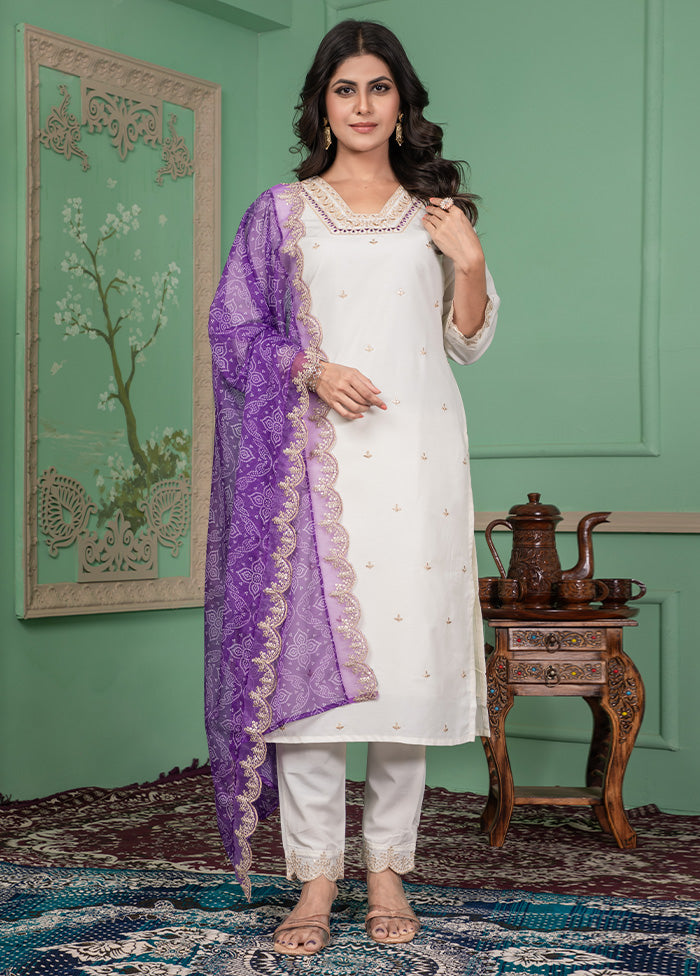 3 Pc Off White Readymade Silk Dupatta Suit Set