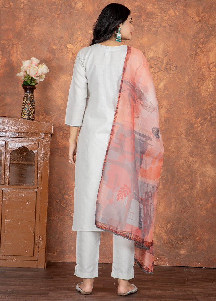 3 Pc Grey Readymade Cotton Dupatta Suit Set