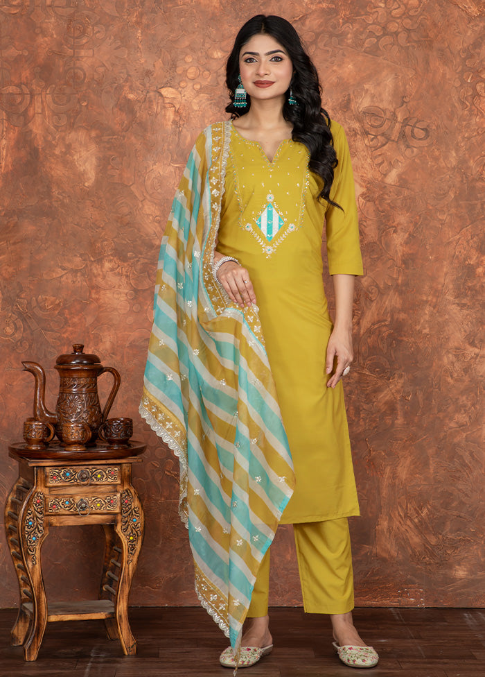 3 Pc Mustard Readymade Chanderi Dupatta Suit Set