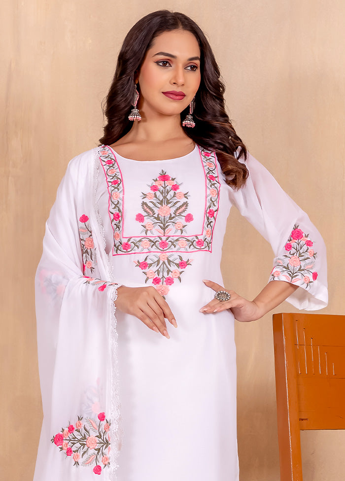 3 Pc White Readymade Georgette Dupatta Suit Set