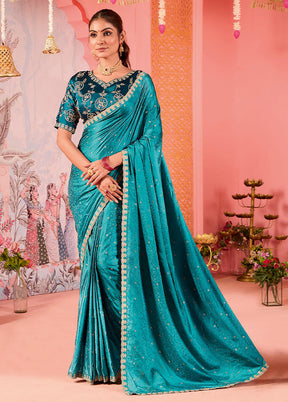 Sea Green Satin Silk Saree With Blouse Piece