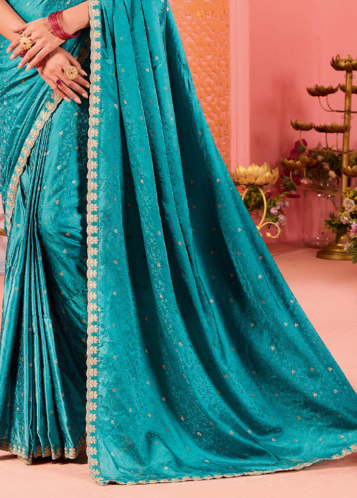 Sea Green Satin Silk Saree With Blouse Piece