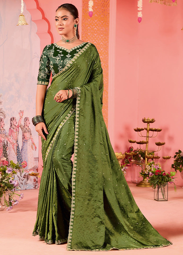 Olive Green Satin Silk Saree With Blouse Piece