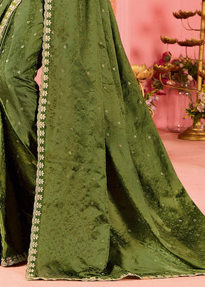 Olive Green Satin Silk Saree With Blouse Piece