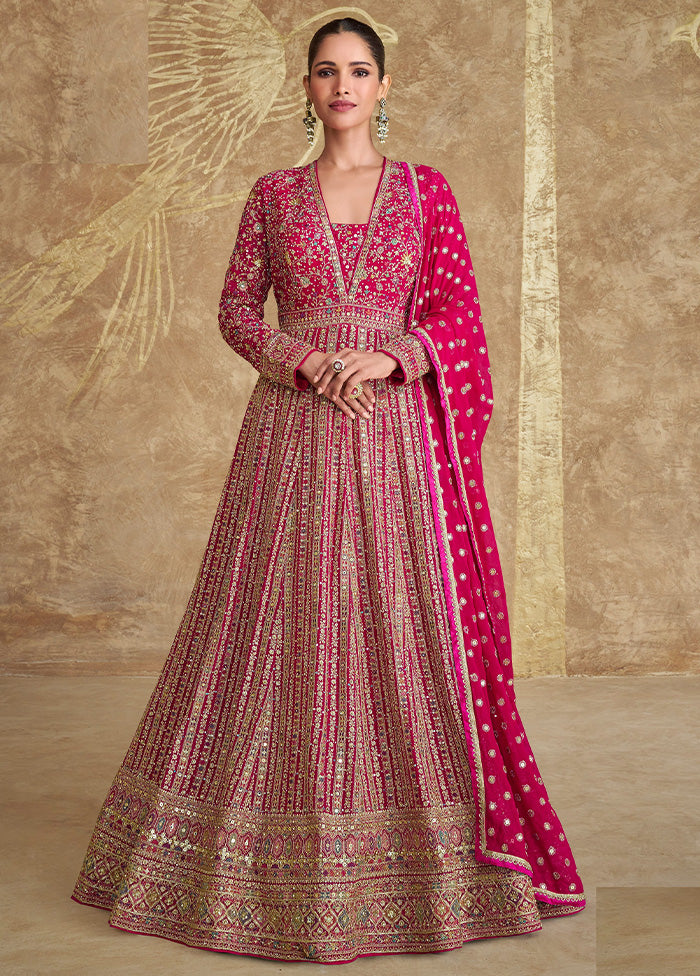 3 Pc Pink Semi Stitched Georgette Dupatta Suit Set