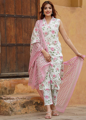 3 Pc Pink Readymade Cotton Dupatta Suit Set