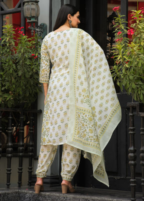 3 Pc Yellow Readymade Cotton Dupatta Suit Set