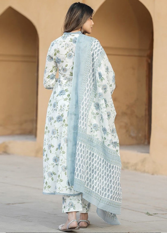 3 Pc White Readymade Cotton Dupatta Suit Set