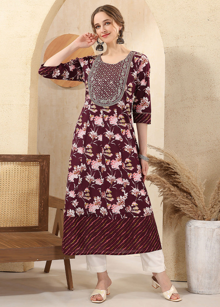 Wine Readymade Cotton Long Kurti