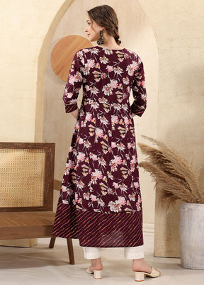 Wine Readymade Cotton Long Kurti