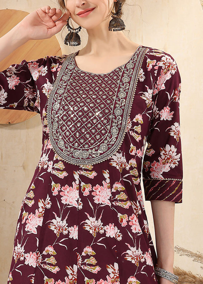 Wine Readymade Cotton Long Kurti