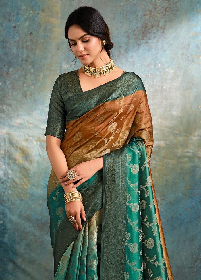 Teal Green Spun Silk Saree With Blouse Piece