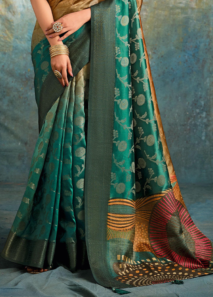 Teal Green Spun Silk Saree With Blouse Piece