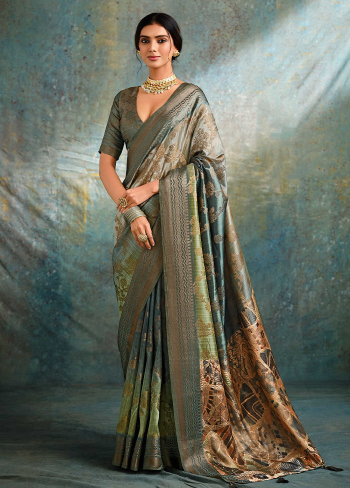 Grey Spun Silk Saree With Blouse Piece