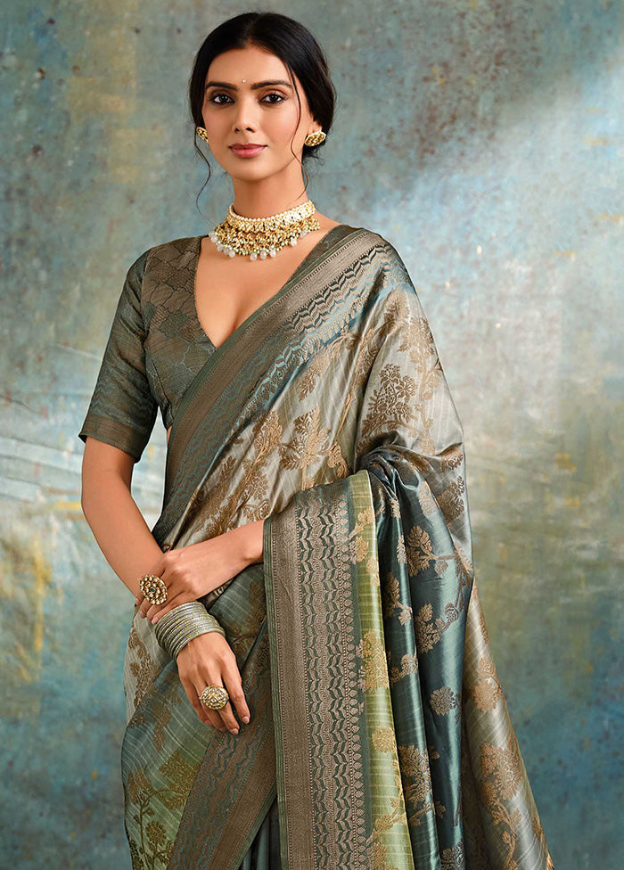 Grey Spun Silk Saree With Blouse Piece