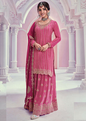 3 Pc Pink Semi Stitched Silk Dupatta Suit Set